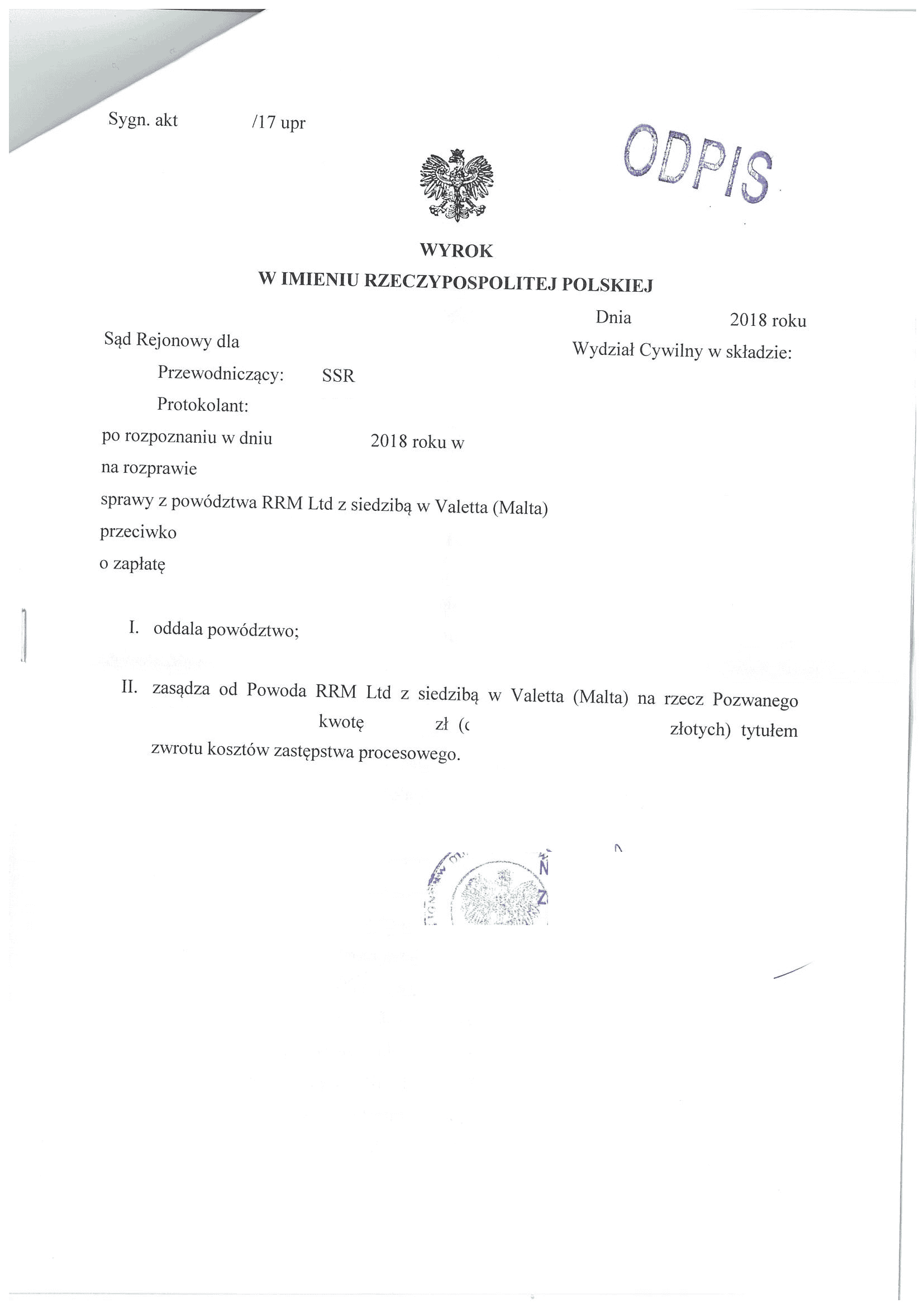 Nakaz zapłaty RRM Limited