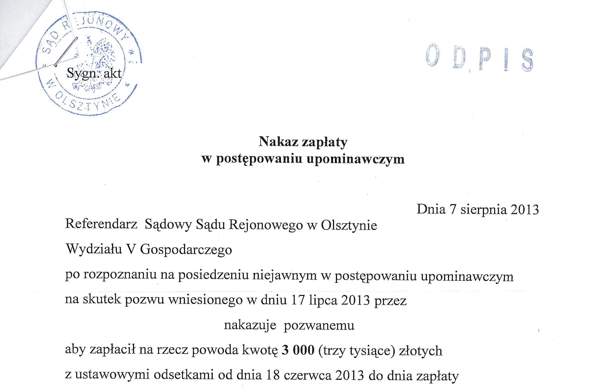 nakaz zapłaty na zły adres