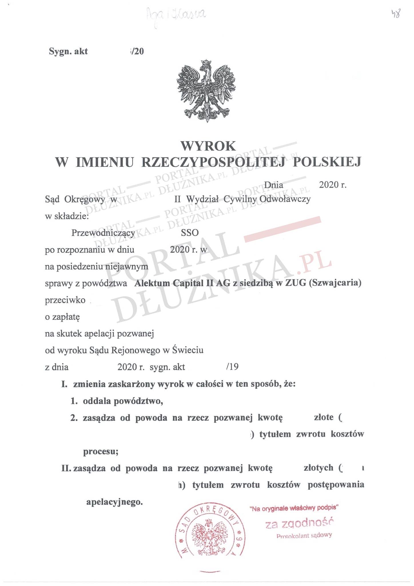 Apelacja w sprawie Alektum - Kancelaria Oddłużeniowa