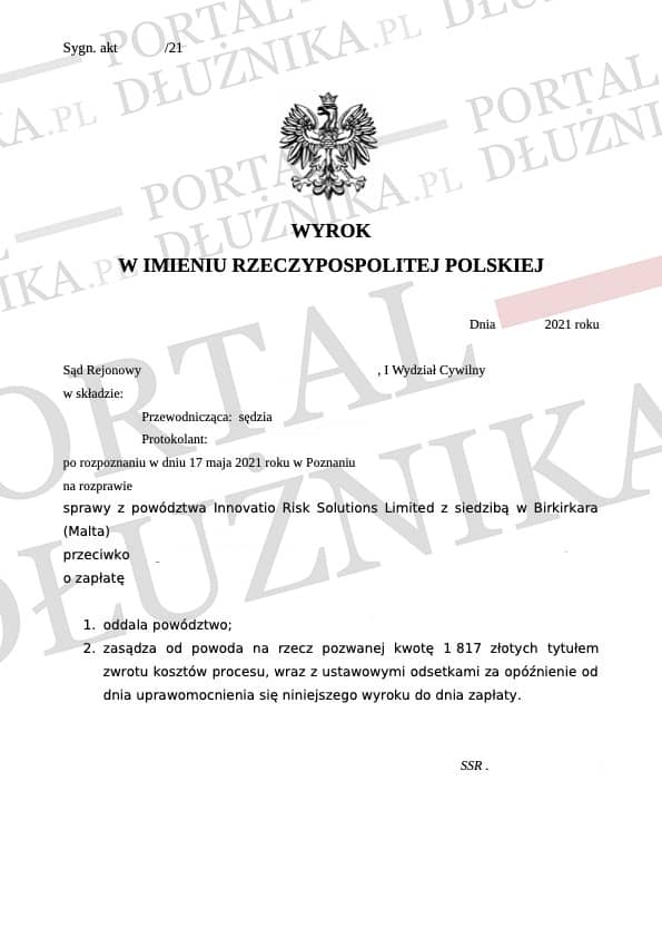 Wygraliśmy sprawę w sądzie z Innovatio Risk Solutions. Powództwo zostało oddalone w całości