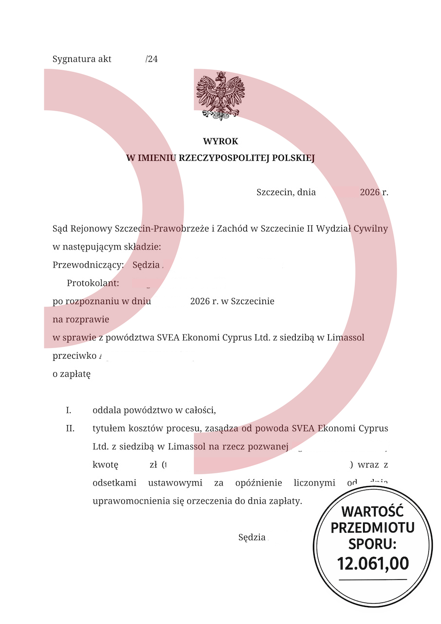 Wyrok sądu oddalający powództwo Svea Ekonomi 12061 zł Szczecin