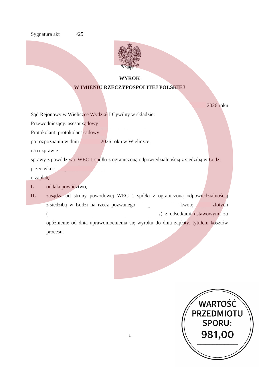 Wyrok sądu oddalający powództwo WEC 1 sp. z o.o. w sprawie o zapłatę