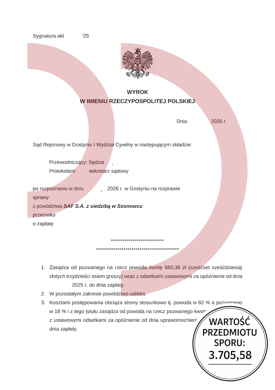 orzeczenie sądu cywilnego z rozliczeniem kosztów procesu