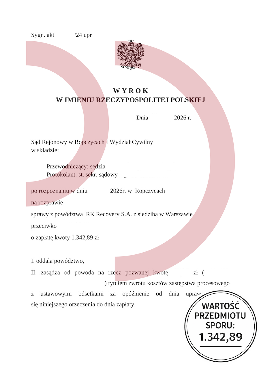 Wyrok sądu oddalający powództwo w sprawie długu 1342,89 zł – przykład skutecznej obrony