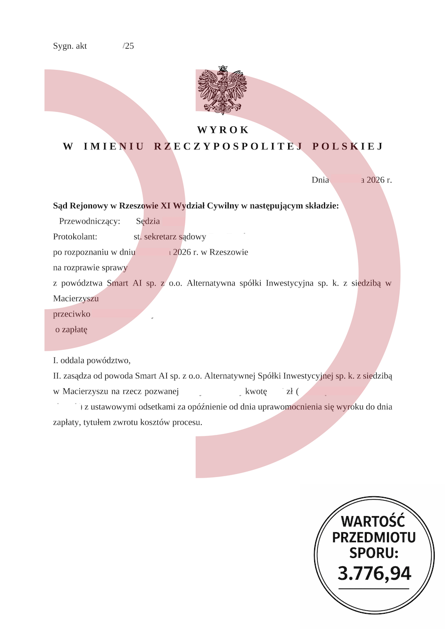 Wyrok Sądu Rejonowego w Rzeszowie oddalający powództwo Smart AI o zapłatę 3.776,94 zł
