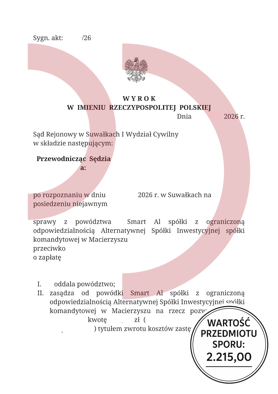wyrok sądu w Suwałkach oddalający powództwo Smart AI