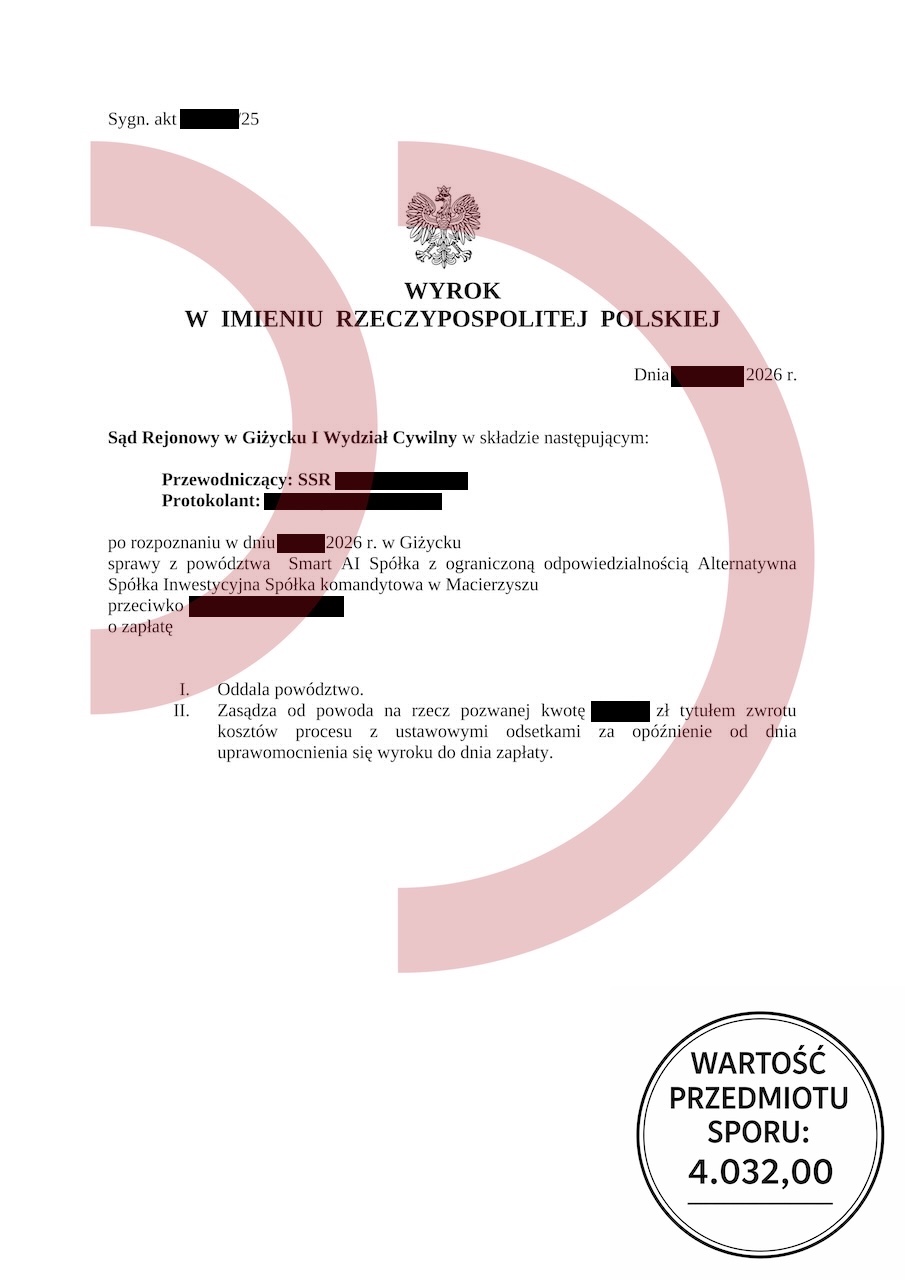 wyrok z zasądzeniem kosztów procesu dla pozwanego