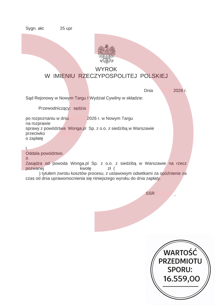 wyrok sądu w Nowym Targu oddalający powództwo Wonga