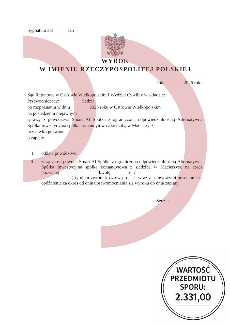 Wyrok sądu oddalający powództwo Smart AI w sprawie o załatę