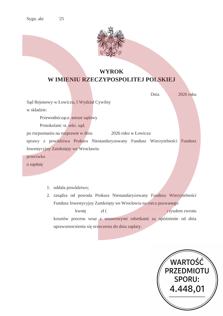 orzeczenie sądu cywilnego z zasądzeniem kosztów procesu dla pozwanego