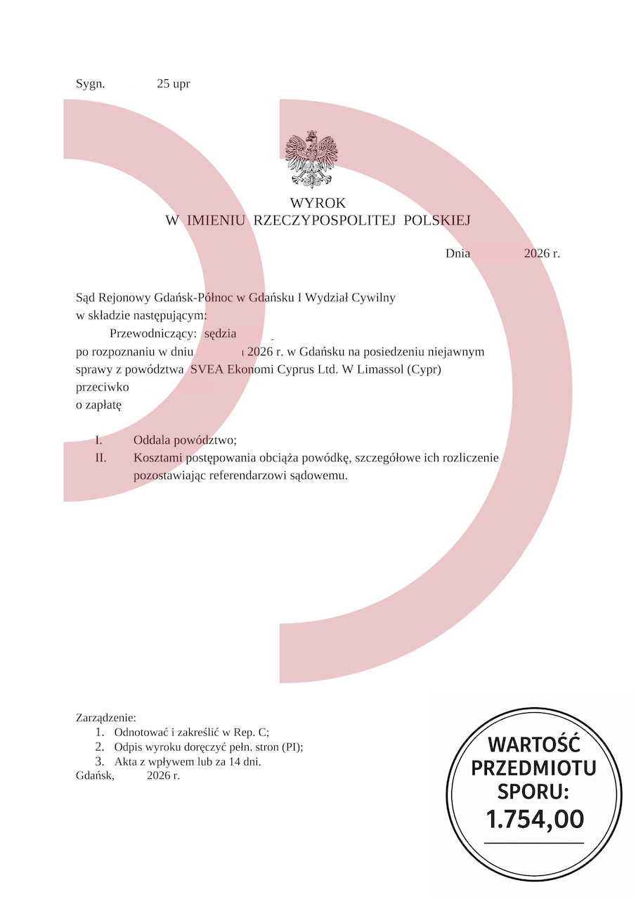 Wyrok sądu oddalający powództwo Svea Ekonomi 1754 zł Gdańsk