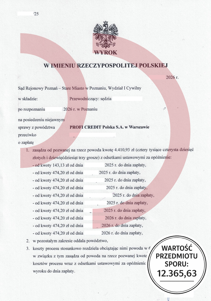 Wyrok sądu częściowo oddalający roszczenie firmy pożyczkowej