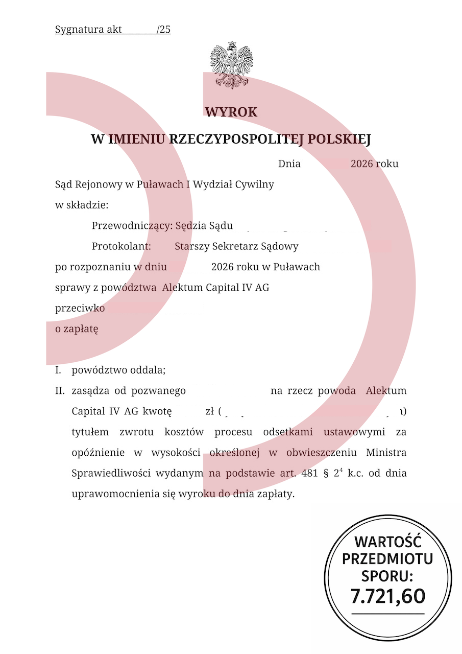 wyrok sądu Puławy oddalenie powództwa Alektum Capital IV AG