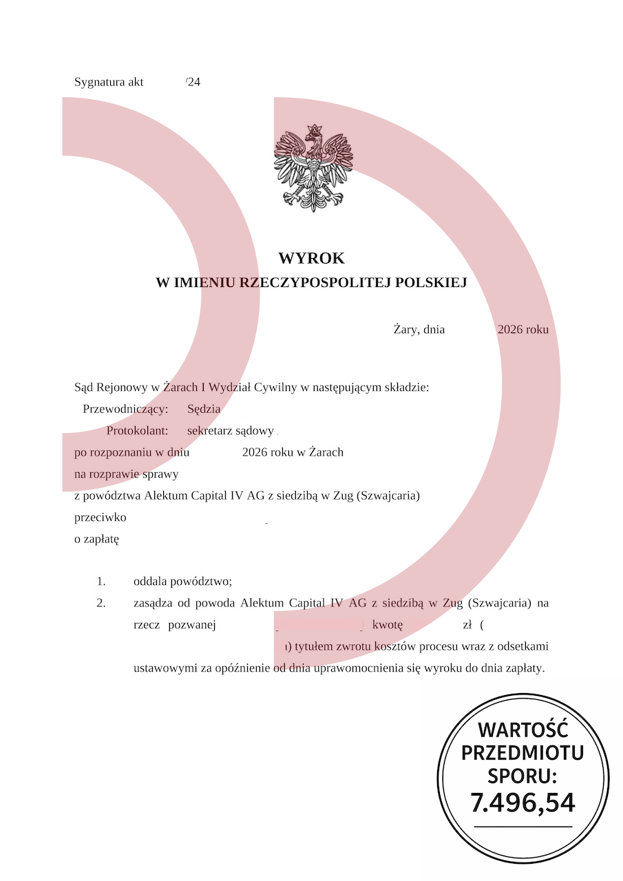 wyrok sądu oddalający powództwo Alektum Capital IV AG Żary