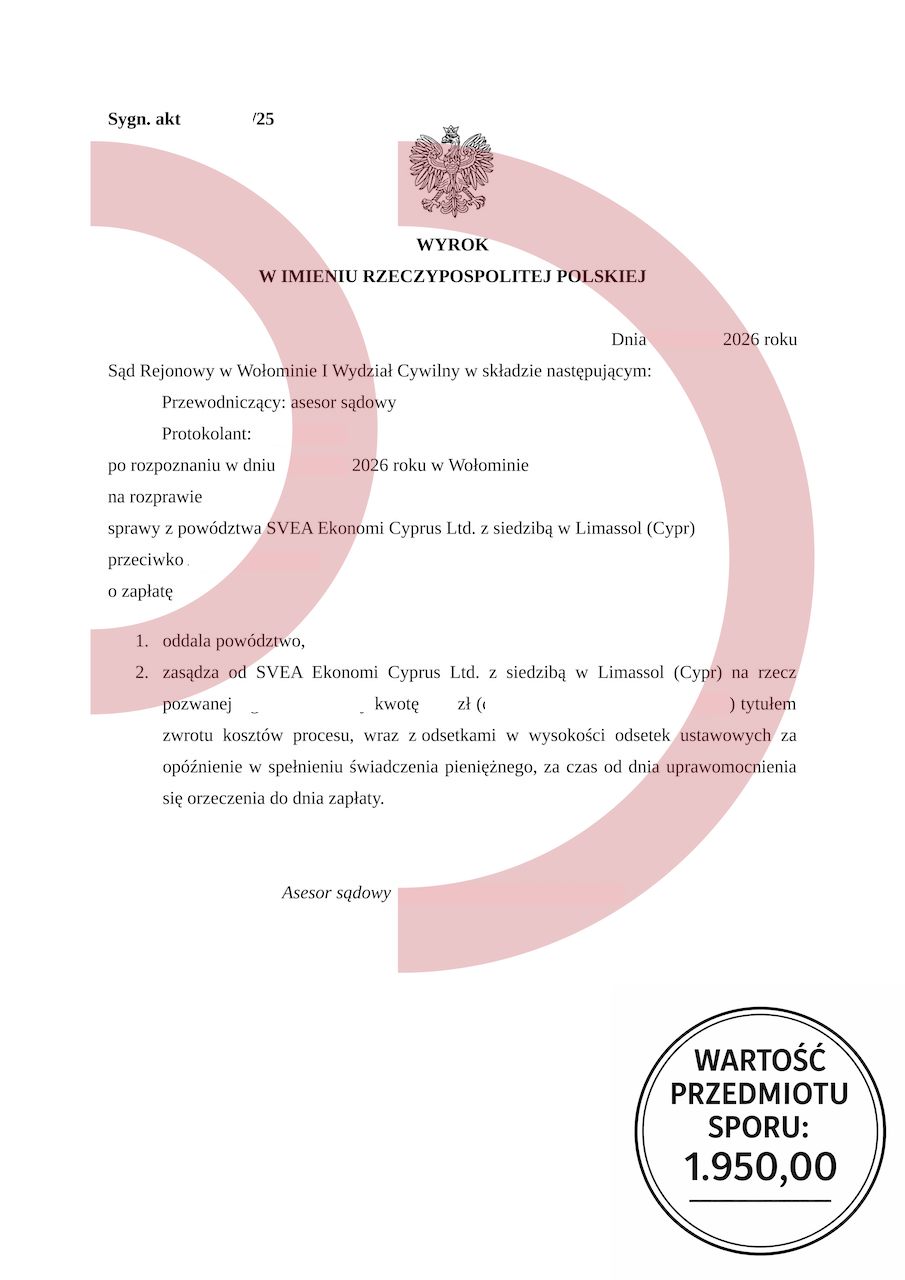 Wyrok sądu w Wołominie oddalający powództwo Svea Ekonomi Cyprus Ltd na kwotę 1950 zł