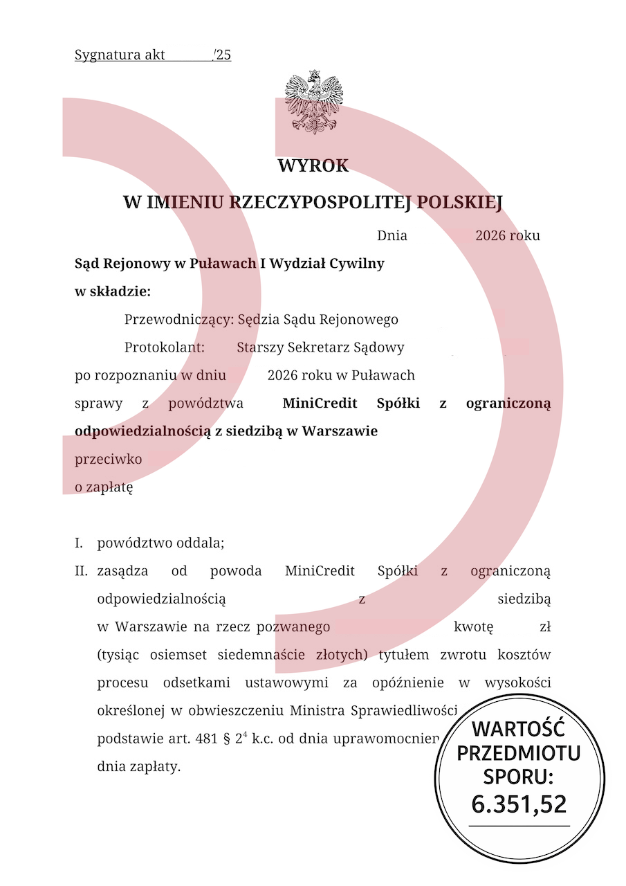 dokument sądowy z zasądzeniem kosztów procesu dla pozwanego