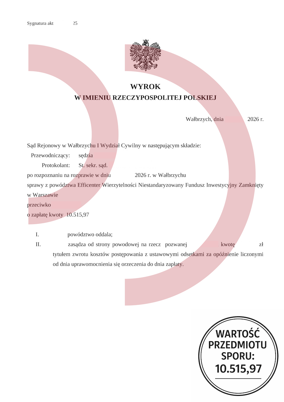 wyrok sądu w Wałbrzychu oddalający powództwo Efficenter