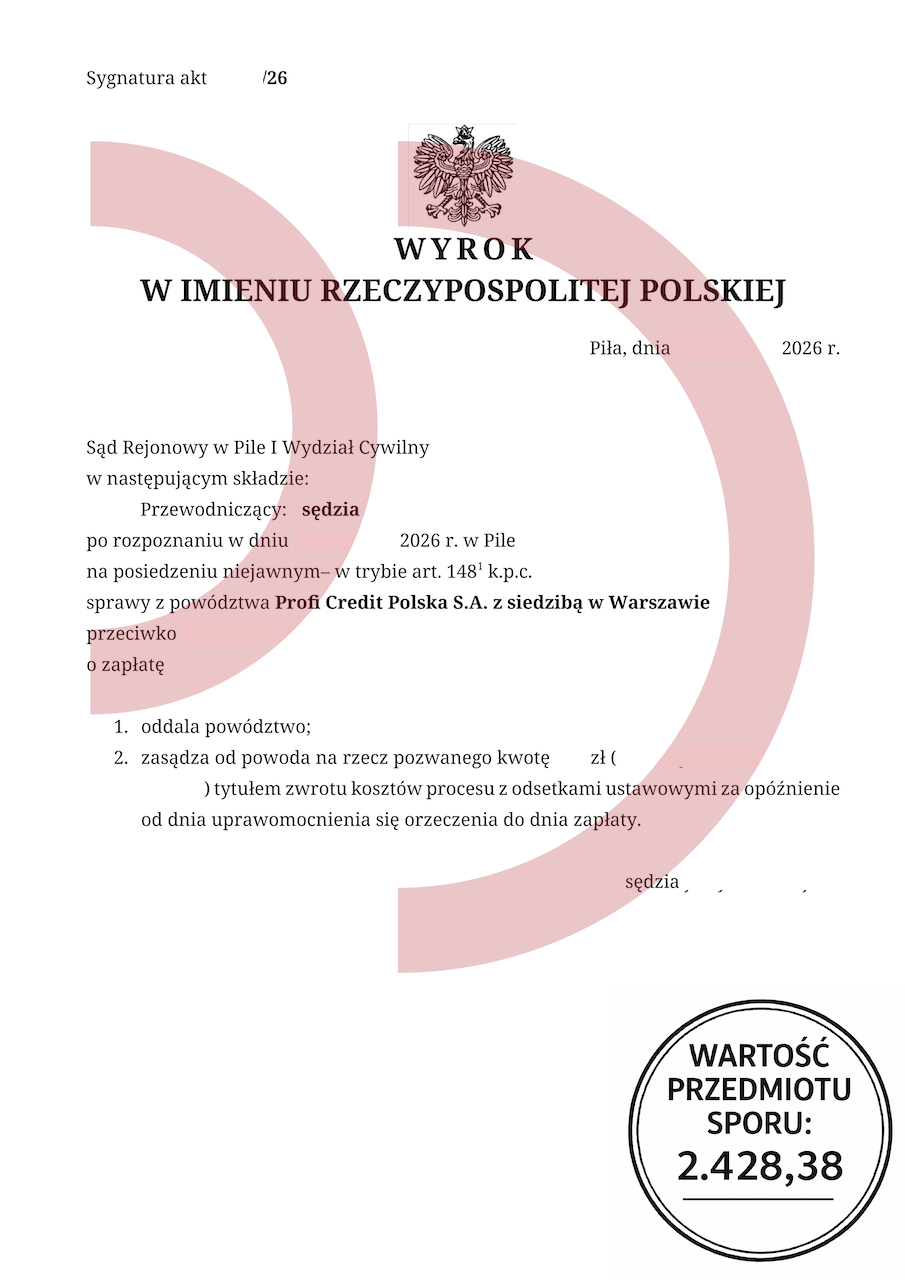Wyrok sądu oddalający powództwo Profi Credit
