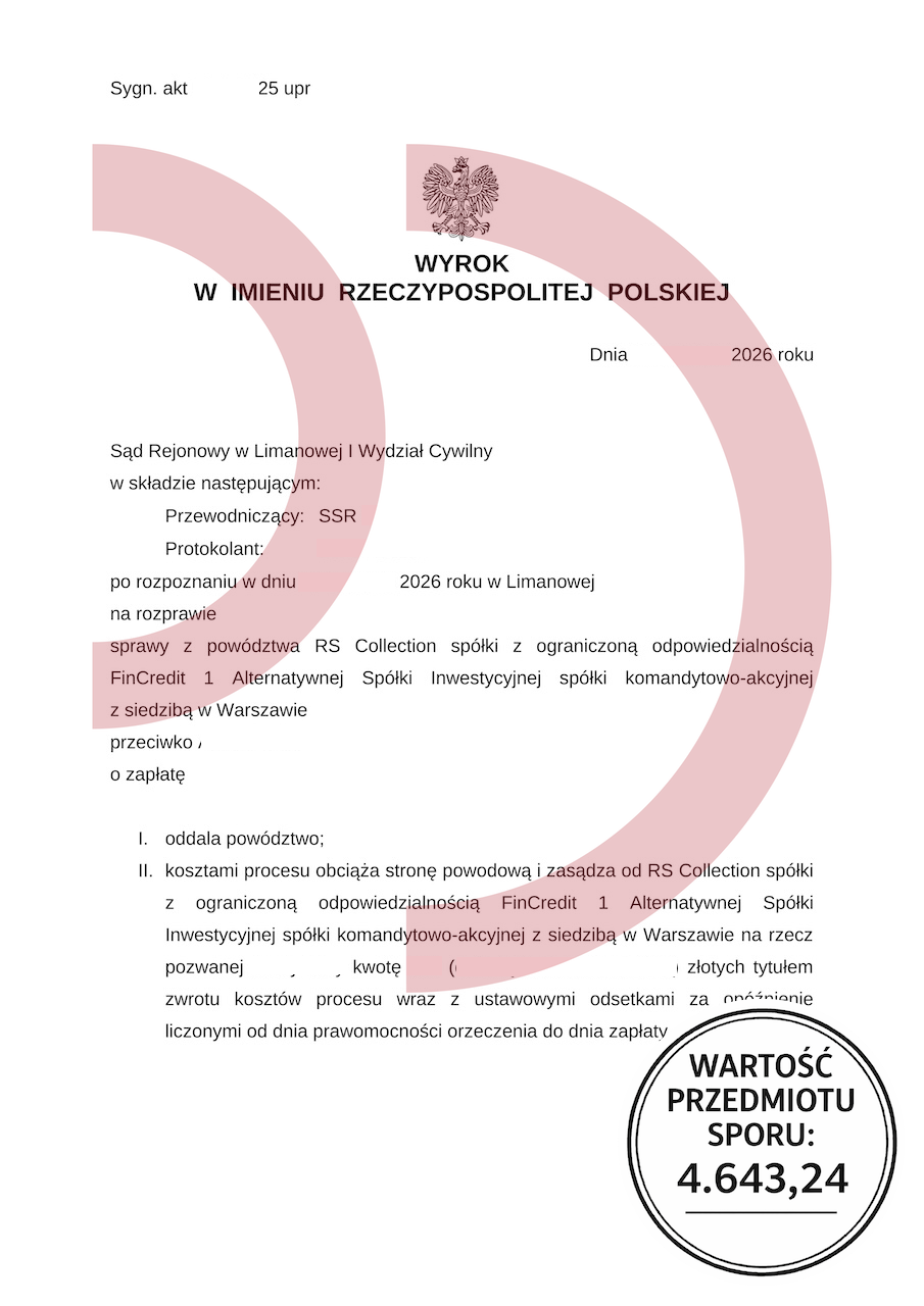 Wyrok sądu w Limanowej oddalający powództwo RS Collection