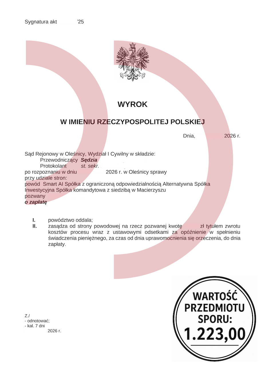 Wyrok sądu oddalający powództwo Smart AI