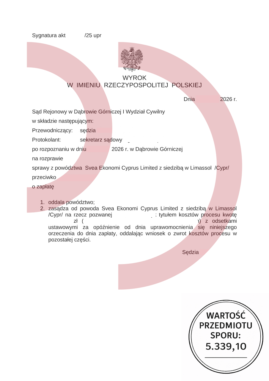 Wyrok sądu oddalający powództwo Svea Ekonomi Cyprus Limited