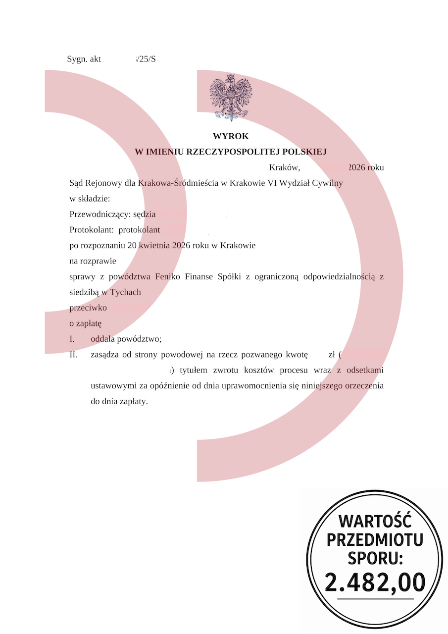 Wyrok sądu oddalający powództwo Feniko Finance