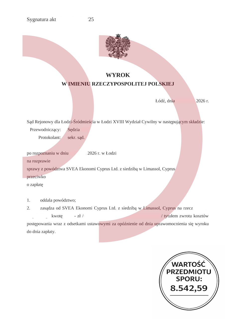 Wyrok sądu oddalenie powództwa SVEA 8542 zł Łódź