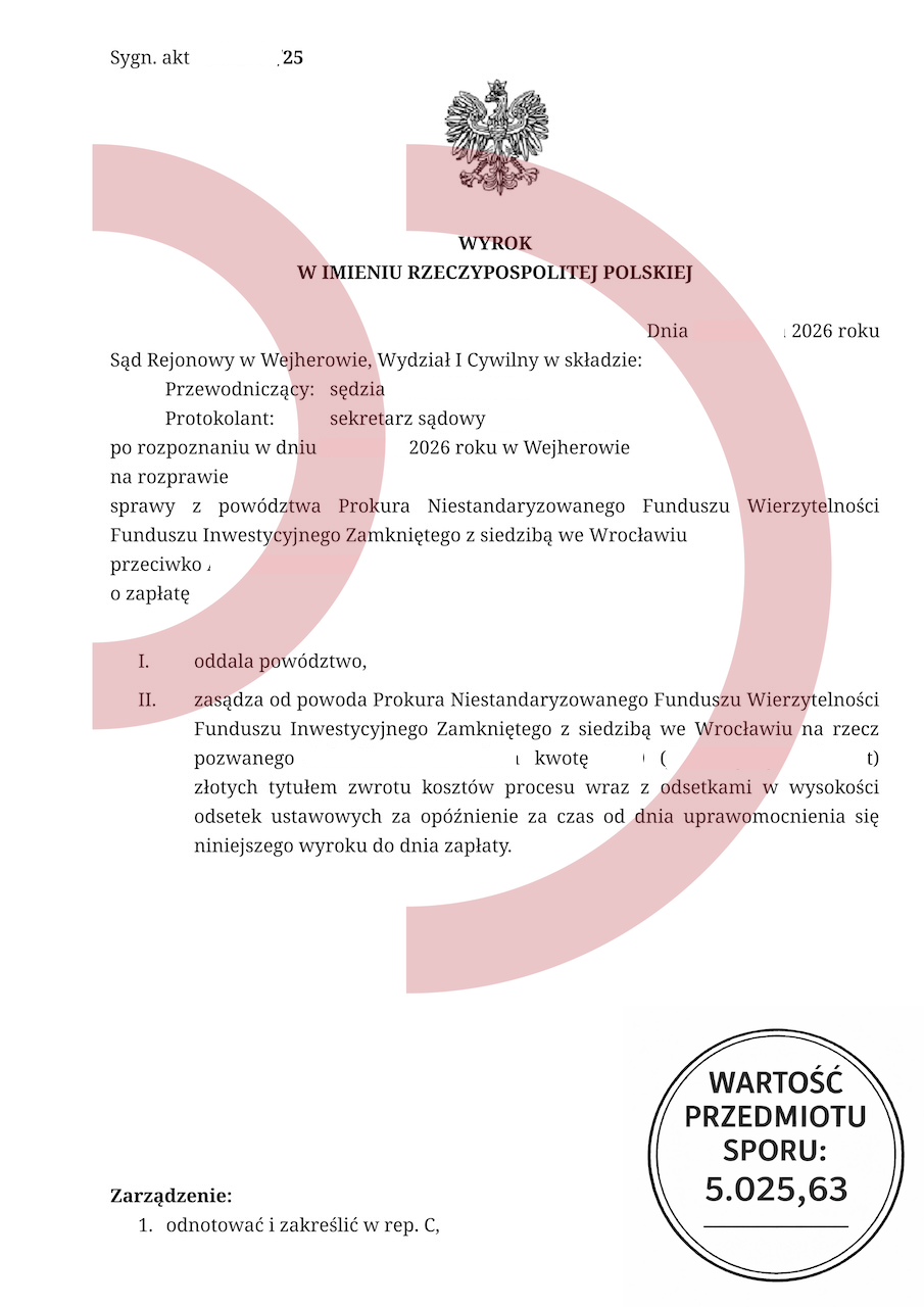Wyrok sądu oddalający powództwo funduszu wobec dłużnika