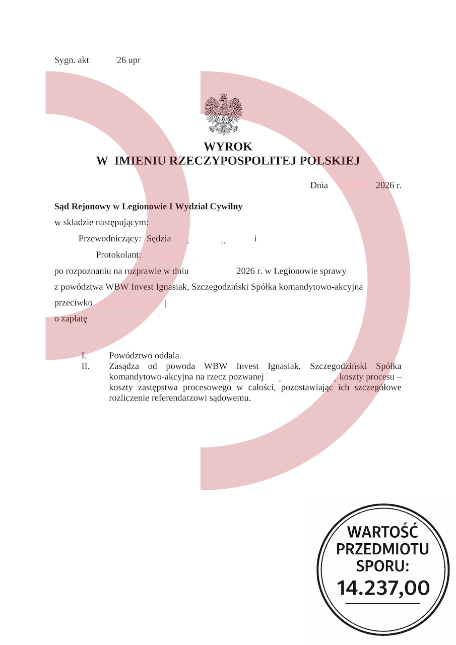 Wyrok sądu w Legionowie oddalający powództwo WBW Invest