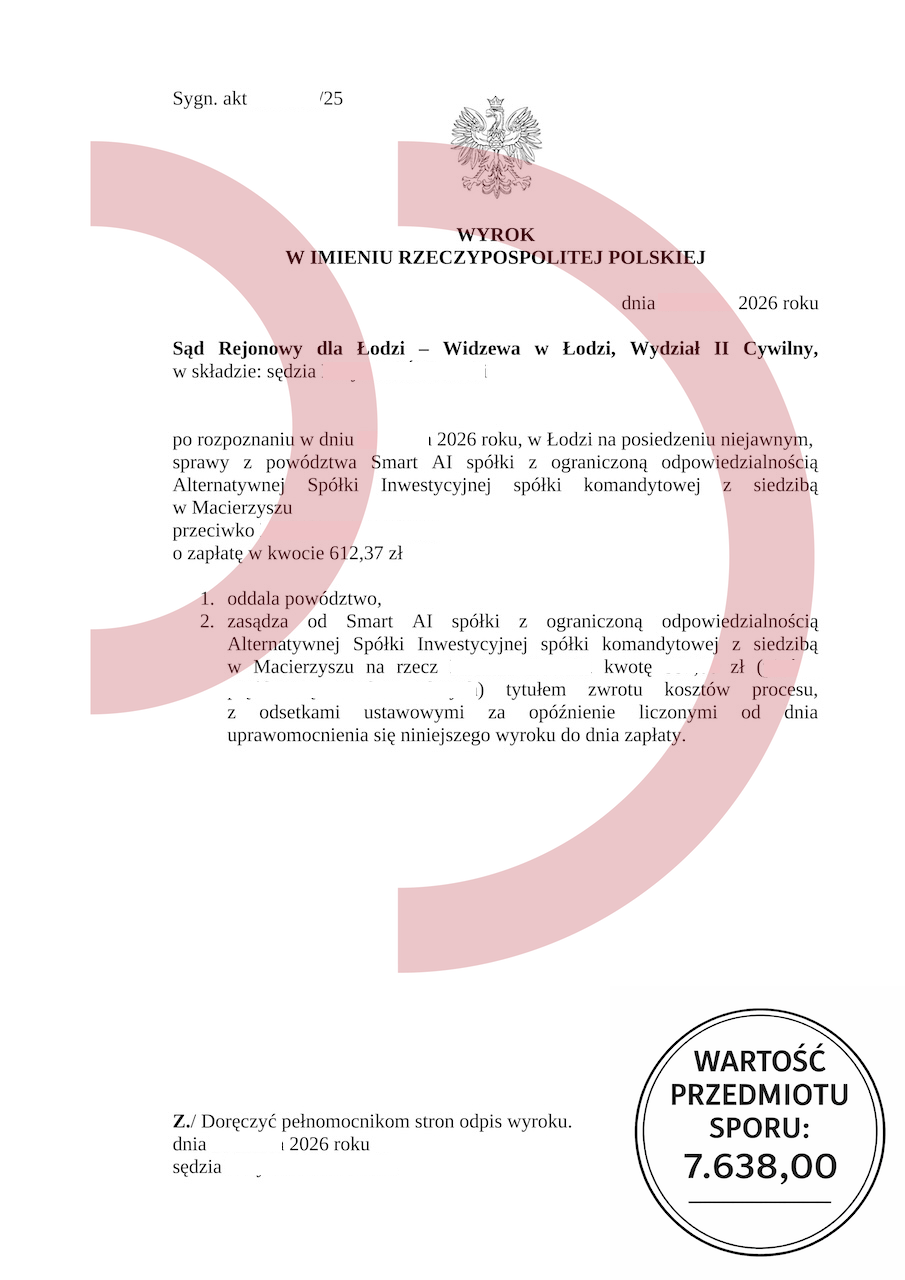 Wyrok sądu w Łodzi oddalający powództwo wierzyciela