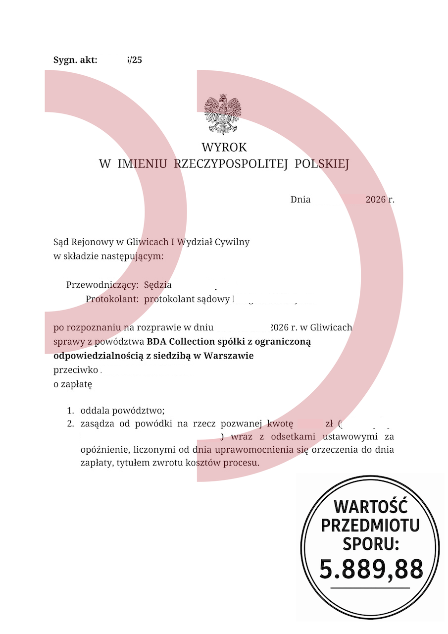 Wyrok sądu oddalający powództwo BDA Collection