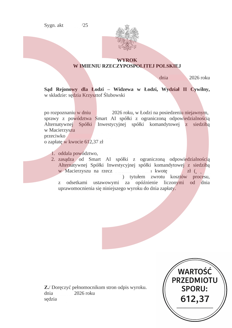 Wyrok sądu oddalający powództwo Smart AI 612,37 zł