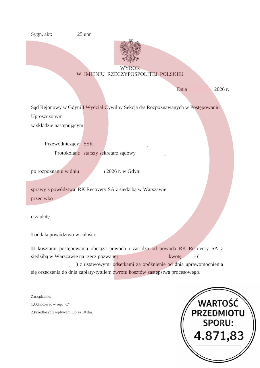 Wyrok sądu oddalający powództwo RK Recovery