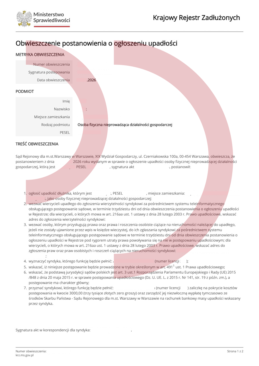 Obwieszczenie o ogłoszeniu upadłości konsumenckiej w KRZ