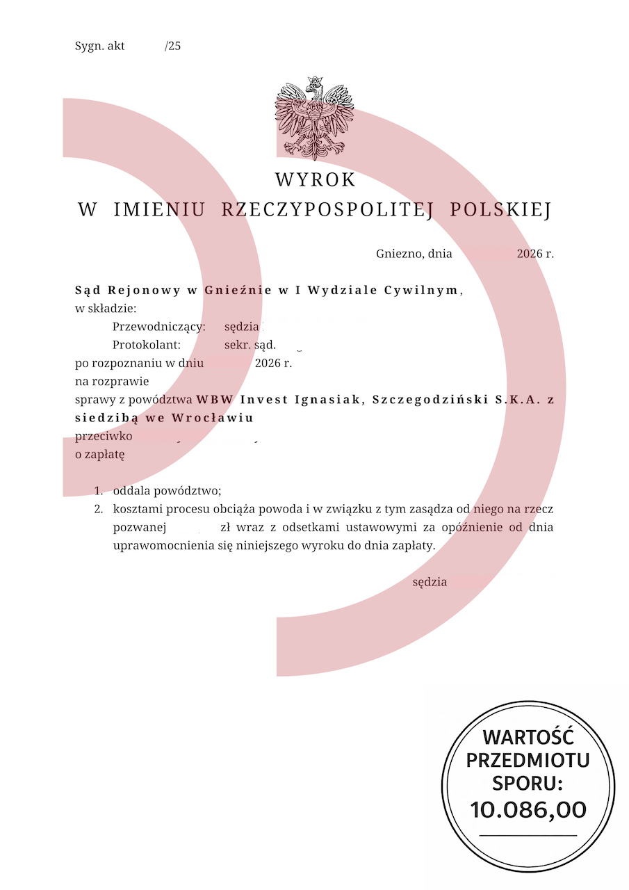 Wyrok sądu w Gnieźnie oddalający powództwo wierzyciela