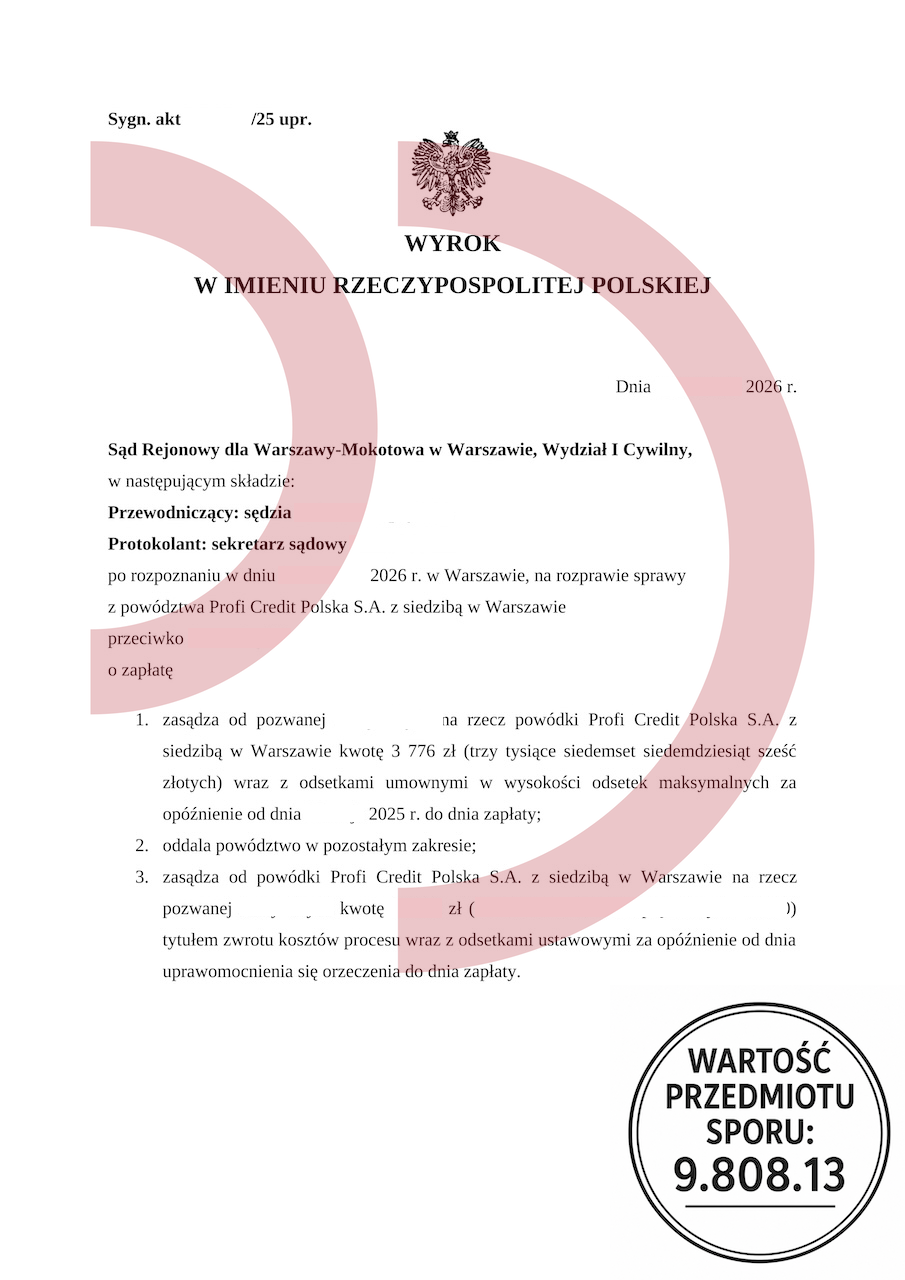 Wyrok sądu Warszawa Mokotów Profi Credit oddalenie części roszczenia