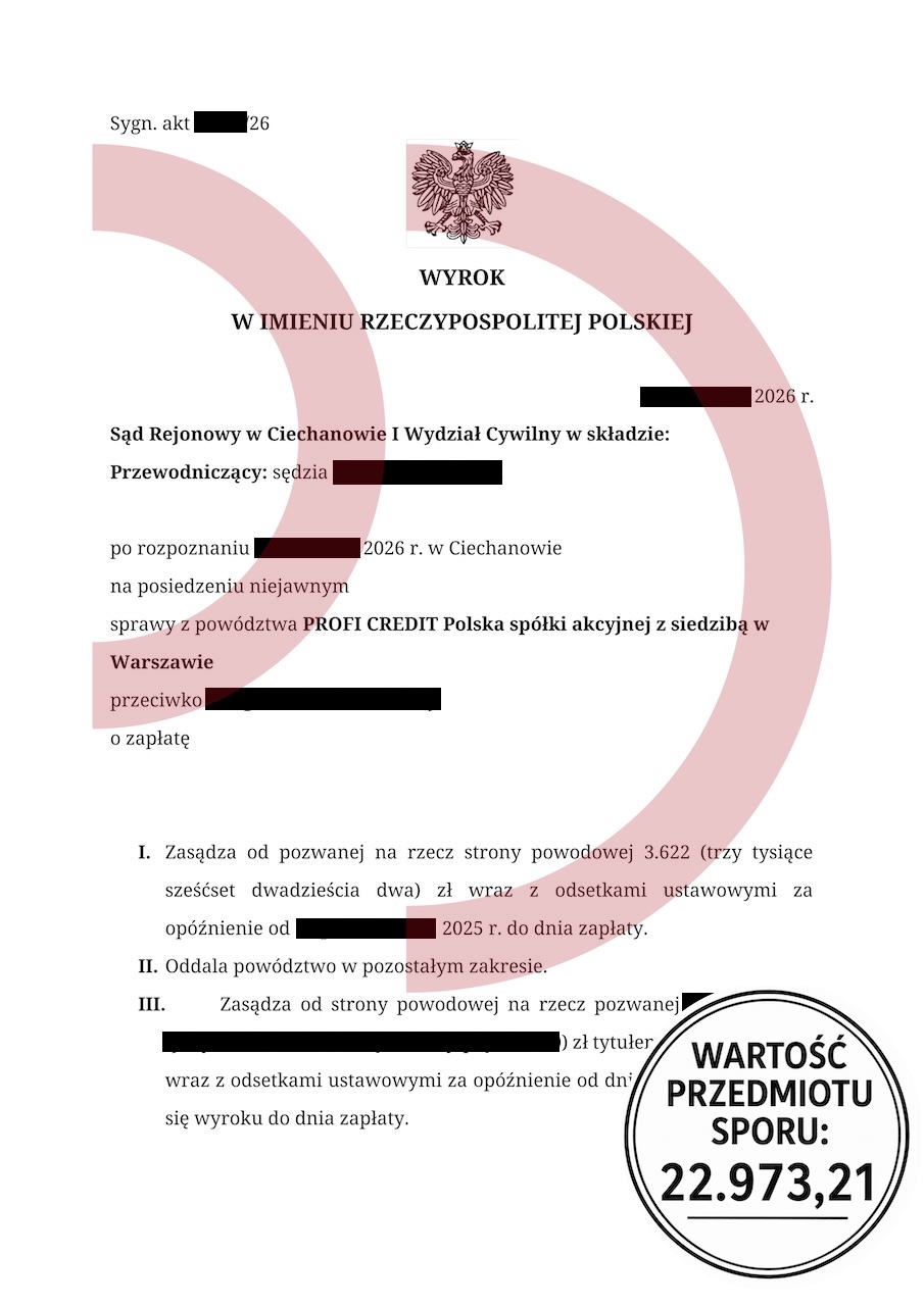 Wyrok sądu Ciechanów Profi Credit oddłużanie