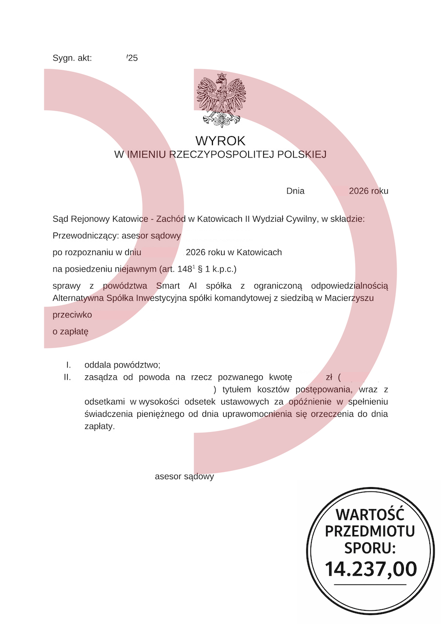 Wyrok sądu Katowice Zachód oddalający powództwo Smart AI