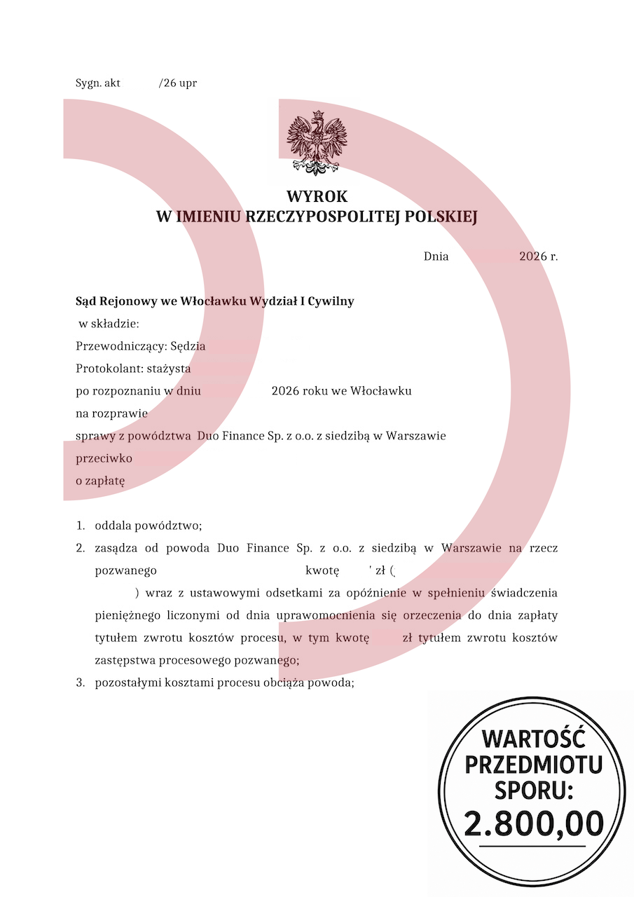 Wyrok sądu Włocławek Duo Finance oddalenie powództwa