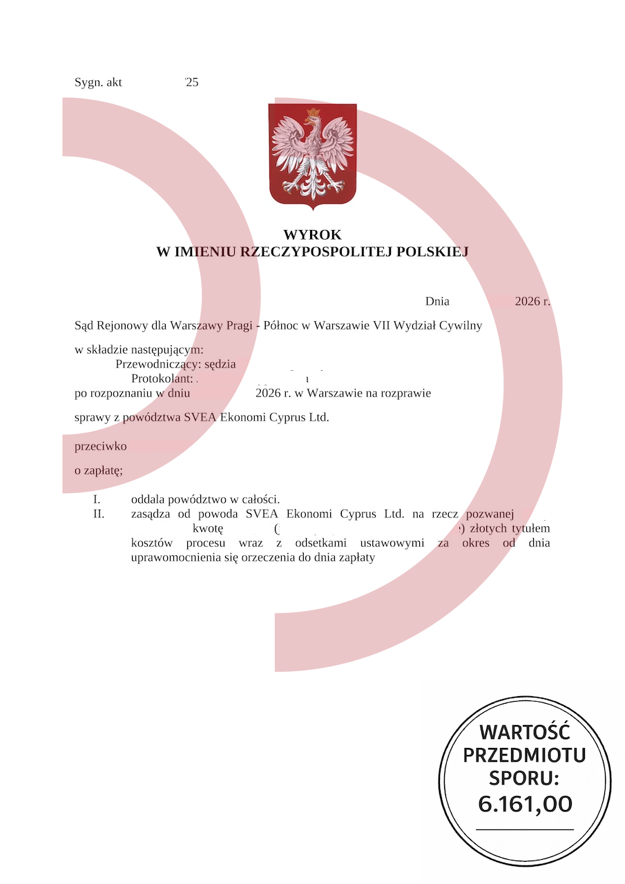 Wyrok sądu oddalający powództwo Svea Ekonomi przeciwko dłużnikowi
