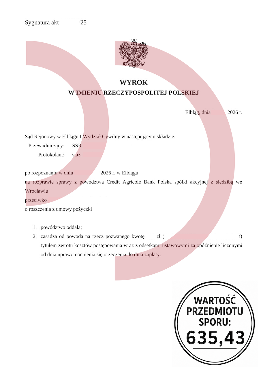 Wygrana sprawa przeciwko Credit Agricole Bank Polska