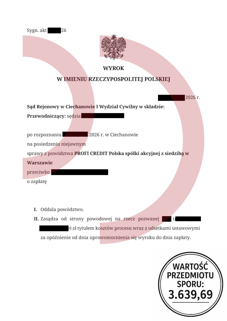 Wyrok Ciechanów Profi Credit oddalenie powództwa