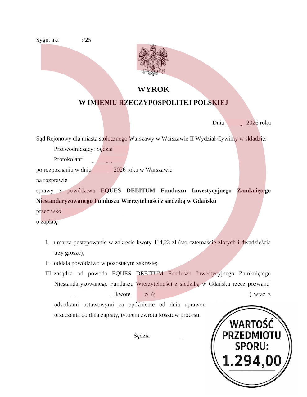 Wygrana z Eques Debitum – oddalone powództwo funduszu sekurytyzacyjnego