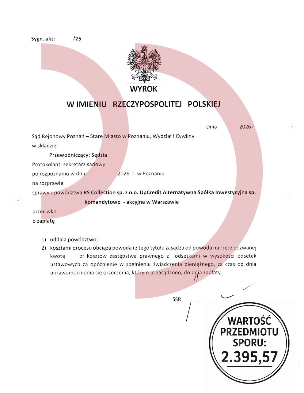 Wygrana z RS Collection UpCredit – oddalone powództwo funduszu