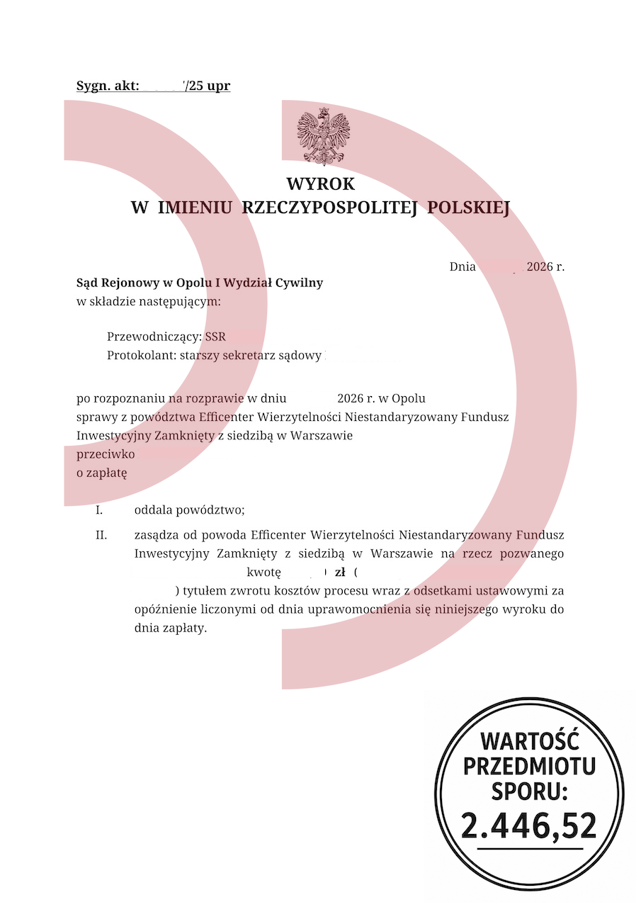Wyrok Sądu Rejonowego w Opolu oddalający powództwo Efficenter o zapłatę 2.446,52 zł