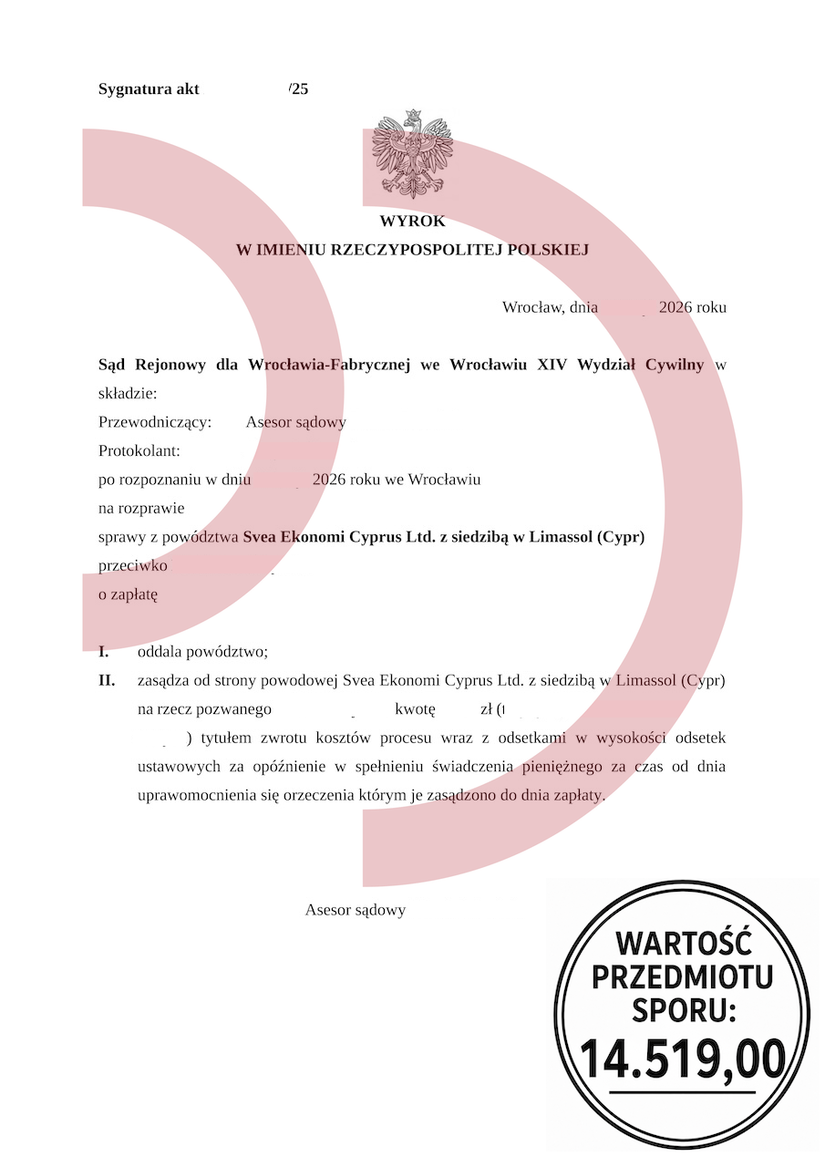 Wygrana ze Svea Ekonomi – oddalone powództwo na ponad 14 tysięcy złotych