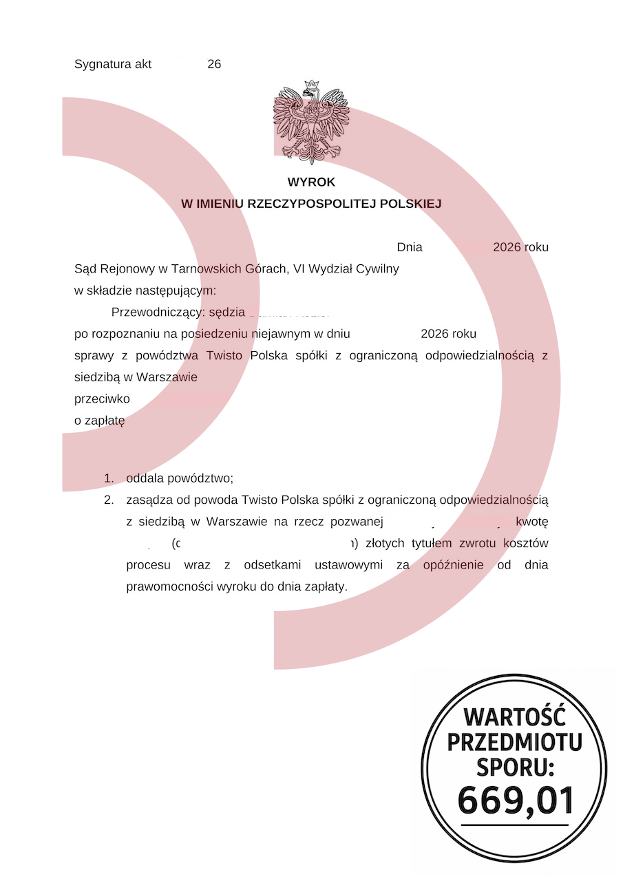 Wyrok oddalający powództwo Twisto Polska o zapłatę 669,01 zł