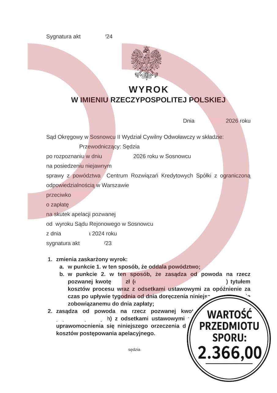 Wygrana sprawa z Centrum Rozwiązań Kredytowych o zapłatę 2366 zł