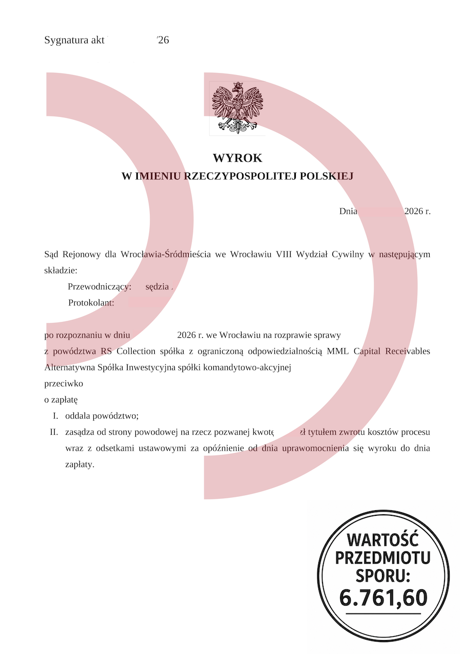 Wyrok oddalający powództwo RS Collection o zapłatę 6761,60 zł