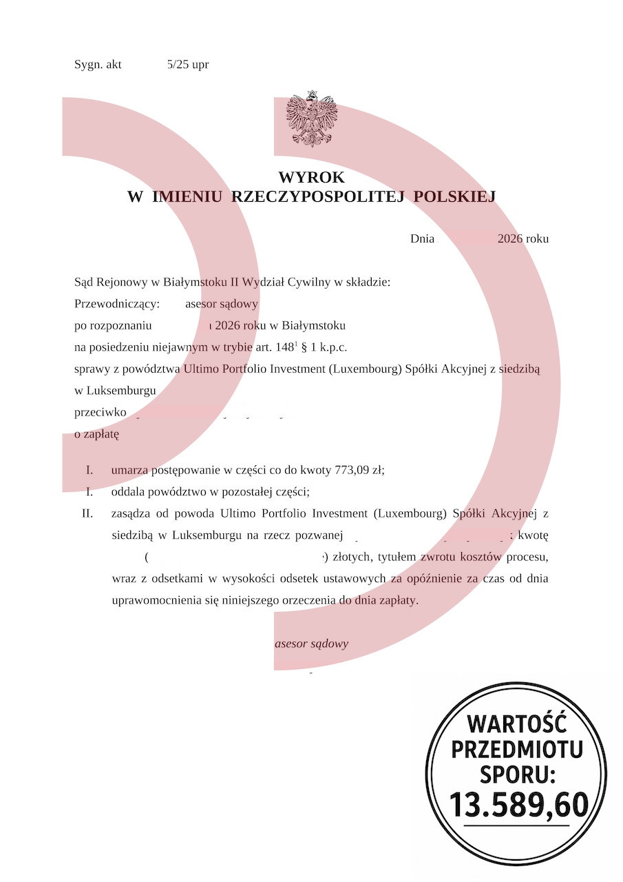 Wyrok oddalający powództwo Ultimo Portfolio Investment o zapłatę 13589,60 zł